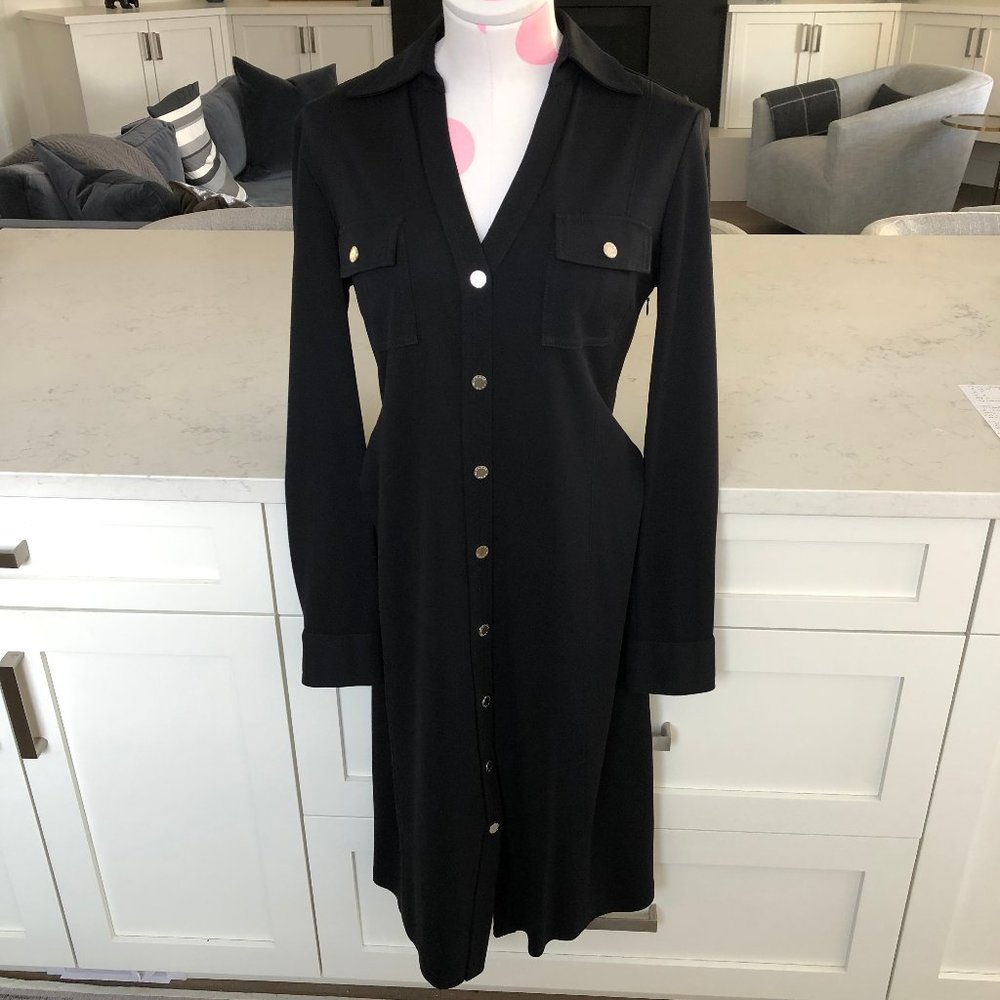 Michael Kors Vtg Silver Snap Front V Nk Fit & Flare Collared Dress Black Sz 10
